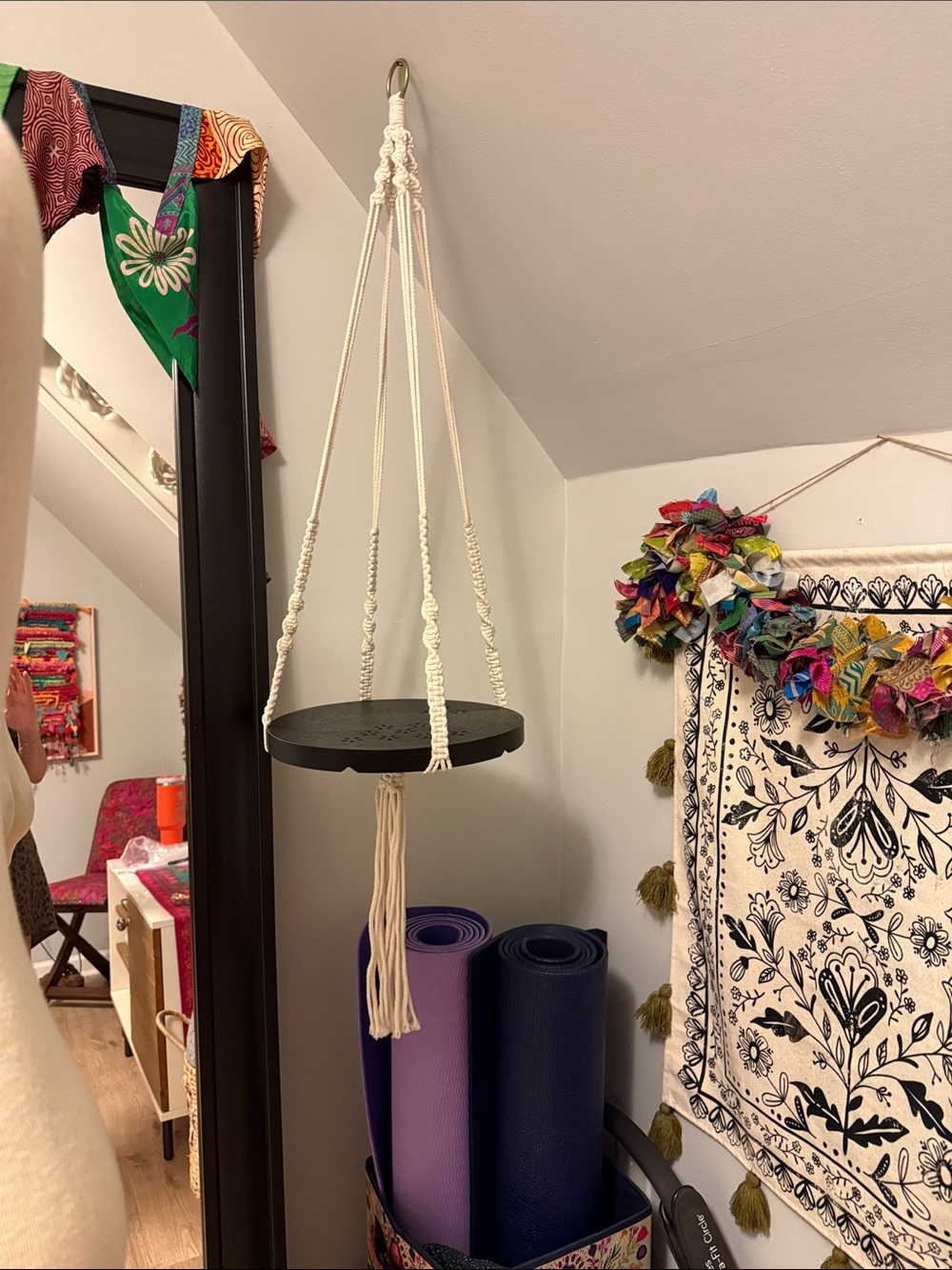 Macramé Hanging Plant Shelf with Black Round Tray - Picture 1 of 5